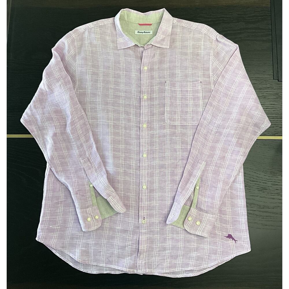 Tommy Bahama Mens XL Purple White Plaid Linen Button-Up Long Sleeve Shirt